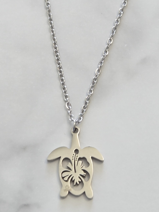 Jewelry - Unisex ​Silver Tropical Sea Turtle & Hibiscus Cut Out Pendant Necklace